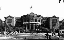 Similar signs were installed on the Storting building, seat of the Norwegian parliament, in occupied Oslo.