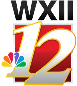 The letters WXII in black above a red box sitting under a white serif numeral 12, the 1 above and to the left of the 2, trimmed in gold, with the NBC peacock added on the left side