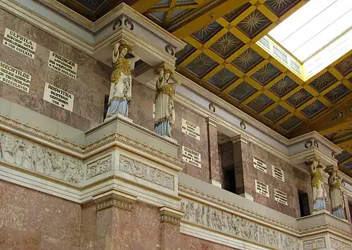 Polychrome Greek Revival caryatids of the Walhalla Temple, near Regensburg, Germany, designed by Leo von Klenze in 1821, built in 1830-1842[29]