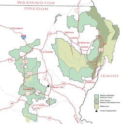 Baker City along I-84 in Oregon, surrounded by sections of Wallowa–Whitman National Forest