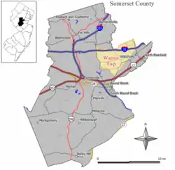 Location of Warren Township in Somerset County highlighted in yellow (right). Inset map: Location of Somerset County in New Jersey highlighted in black (left).