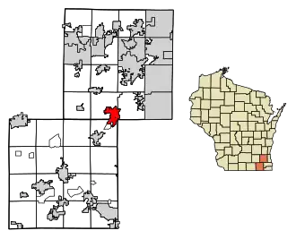 Location of Mukwonago in Waukesha and Walworth counties, Wisconsin