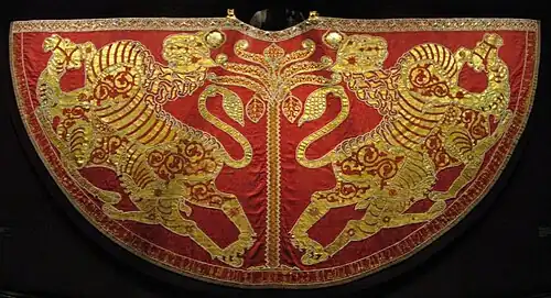 Coronation cloak of King Roger II of Sicily, 1133. Silk scarlet cloth dyed with kermes, made from female Kermes scales