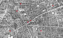 The Whitechapel murders – Mitre Square is the red dot to the bottom left corner.