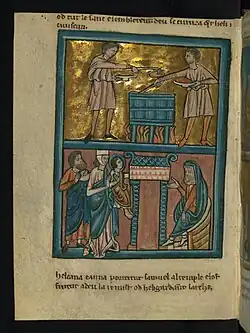 Bottom: When Samuel was weaned, Hannah and Elkanah brought him to the temple. (William de Brailes, c. 1250).