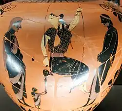 Woman on a swing. Ancient Greek Attic red-figure amphora, c. 525 BC. From Vulci, Italy.