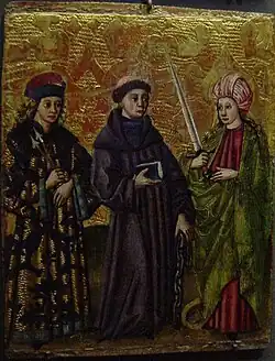 15th-century painting of St Sebastian, St Leonard and St Catherine