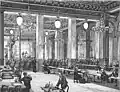 Yablochkov arc lamps illuminating Music hall on la Place du Chateau d'eau in Paris circa 1880.