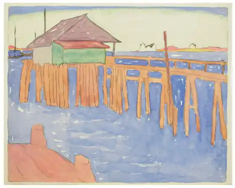Untitled (Pier with green and purple shack), Watercolor and graphite ca. 1915.