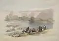 David Roberts' Immersion of the Pilgrims; the accompanying text notes: "In this View Achmet Aga, the Governor of Jerusalem, with a part of his Arab guard, occupy the foreground."
