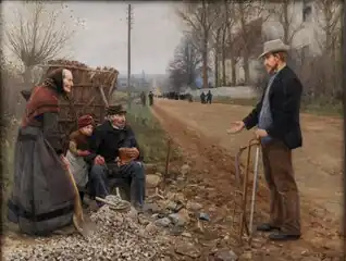 En Landevej or A Highway, 1893, National Gallery of Denmark. Depicts the difficult living conditions of the stonebreakers, who made the foundations of our endless roads, and how the church with its missionaries and high walls cannot help poor people.