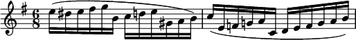 \relative c'' {
\set Staff.midiInstrument = #"violin"
\key e \minor \time 6/8
e16( dis e fis g b, c d e gis, a b)
c( e, f g! a c, d e f g a b)
}