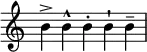 {
\override Score.TimeSignature #'stencil = ##f
\relative c'' {
\time 5/4
b-> b-^ b-. b-! b--
}
}
