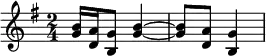 \header{ title = "Nordische Rundfunk" }
% https://rias1.de/audiokennung.htm#:~:text=NORAG
\relative{
\set Staff.midiInstrument = "orchestral harp"
\key g \major \time 2/4
<b' g>16 <a d,>16 <g b,>8 <b g>4~ 8 <a d,>8 <g b,>4
}
\midi {\tempo 4 = 69}