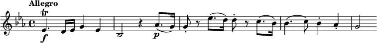 \relative c' { \set Staff.midiInstrument = #"string ensemble 1"
\tempo "Allegro" \set Score.tempoHideNote = ##t \tempo 4 = 150
\key es \major
es4.\f\trill d16 es g4 es |
bes2 r4 as'8.(\p g16) |
g8-. r es'8.( d16) d8-. r c8.( bes16) |
bes4.( c8) bes4-. as-. |
g2
}