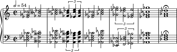 { \new PianoStaff <<
\new Staff = "RH" \relative c' { \clef treble \time 2/2 \tempo 2 = 54 < ces' ges ees >2 <des beses fes > < ees ces aes > \times 2/3 { < des beses fes >4 < ees ces ees, > < des beses fes >} <ces ges ees >2 < ees ces aes > \times 2/3 { <ges ees ges,>2 <f des f,> <ees ges, ees> } <ges ces, ges ees>1 <des aes f> \fermata }
\new Staff = "LH" \relative c' { \clef bass <ces ges ees ces>2 <des beses fes beses,> <ees aes, ees aes,> \times 2/3 { <des beses fes beses,>4 <ces aes ees aes,> <des beses fes beses,> } <ces ges ees ces>2 <ees aes, ees aes,> \times 2/3 { <ees, bes ees,>2 < f des f,> <bes ees, ges,> } <ces aes ees aes,>1 <aes f des > \fermata } >> }