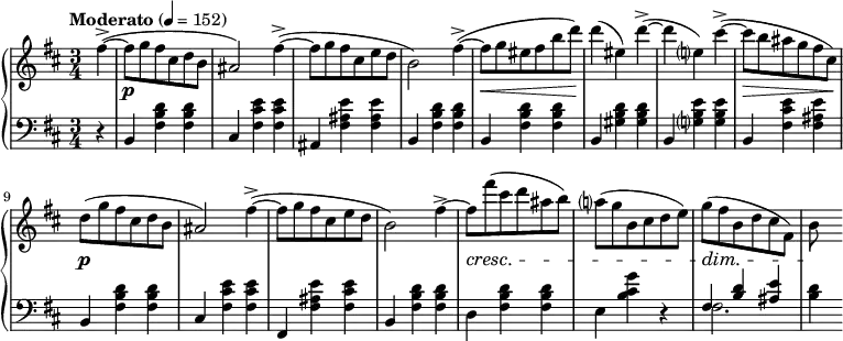 \language english
\layout { \context { \PianoStaff \accidentalStyle piano-cautionary } }
\new PianoStaff
<<
\new Staff \fixed c' {
\key b \minor
fs'4~->(
fs'8 g' fs' cs' d' b | as2) fs'4~->( |
8 g' fs' cs' e' d' | b2) fs'4~->( |
8 g' es' fs' b' d'') | 4( es') d''~->( |
4 e') cs''~->( | 8 b' as' g' fs' cs') |
d'( g' fs' cs' d' b | as2) fs'4~->( |
8 g' fs' cs' e' d' | b2)
fs'4~-> | 8 fs''( cs'' d'' as' b') |
a'( g' b cs' d' e') | g'( fs' b d' cs' fs) | b
}
\new Dynamics {
\time 3/4
\tempo "Moderato" 4 = 152
\partial 4
s4 |
s2.*4\p | s2.\< | s2.*2\! | s2.\> |
s2.*4\p | s2.*2\cresc | s2.\dim | <>\!
}
\new Staff {
\clef bass
\key b \minor
r4 |
b,4 <fs b d'> q | cs <fs cs' e'> q |
as, <fs as e'> <fs as e'> | b, <fs b d'> q |
b, q q | b, <gs b d'> q |
b, <g b e'> q | b, <fs cs' e'> <fs as e'> |
b, <fs b d'> q | cs <fs cs' e'> q |
fs, <fs as e'> <fs cs' e'> | b, <fs b d'> q |
d <fs b d'> q | e <b cs' g'> r |
<< { fs <b d'> <as e'> } \\ fs2. >> | <b d'>4
}
>>