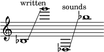 {
\new Staff \with { \remove "Time_signature_engraver" }
\clef treble \key c \major ^ \markup "written" \cadenzaOn
bes1 \glissando g'''1
des1 ^ \markup "sounds" \glissando bes''1
}
