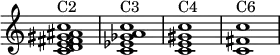  {
\override Score.TimeSignature #'stencil = ##f
\relative c' {
  \clef treble \time 4/4
  <c d e fis gis ais c>1^\markup { "C2" }
  <c es ges a c>1^\markup { "C3" }
  <c e gis c>1^\markup { "C4" }
  <c fis c'>1^\markup { "C6" }
} }
