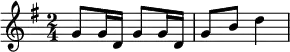 \header{ title = "Österreichischer Rundfunk" }
% https://www.intervalsignals.net/sounds/aut-z-orf_regional_1980.mp3
\relative{
\key g \major \time 2/4
\set Staff.midiInstrument = "vibraphone"
\set midiMaximumVolume = #1.1
g'8\omit\sustainOn g16 d g8 g16 d g8 b d4
}
\midi { \tempo 4 = 80 }