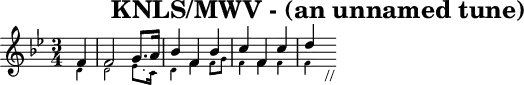 \header{tagline=##f title="KNLS/MWV - (an unnamed tune)"}
% 0:05 https://www.intervalsignals.net/sounds/usa-z-wyfr_fl_290900.mp3
common = {\key bes \major \time 3/4 \partial 4}
main = \relative{
\set Staff.midiInstrument = "trumpet" \common
<<{
f'4-_ 2-_ g8.-_ a16 bes4-_ f-_ bes-_ c-_ f,-_ c'-_ d4 s4_"//"
}\\ \magnifyMusic 0.6{
d,4-_ 2-_ es8.-_ c16 d4-_ f-_ f8-. g-. f4-_ 4-_ 4-_ f4
}
>>
}
acco = \relative{
\set Staff.midiInstrument = "french horn" \clef bass \common
<<{
bes4-_ 2-_ 8.-_ a16 bes4-_ 8-. a-. bes4-_ a4-_ 4-_ 4-_ bes4
}\\{
bes,4-_ 2-_ 4-_ bes,4-_ 8-. c-. d-. es-. f2-_ 4-_ bes,4
}
>>
}
\score{{\omit Staff.Script \main}}
\score{<<\main \new Staff \acco>> \midi{\tempo 4=118}}