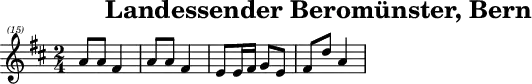 \header{tagline = ##f title="Landessender Beromünster, Bern"}
% https://www.intervalsignals.net/sounds/sui-z-sbc_sr2_rumantsch_1977.mp3
main = \relative{
\clef "treble^(15)"
\key d \major \time 2/4
a'''8 a fis4 a8 a fis4 e8 e16 fis g8 e fis d' a4
}
acco = \relative{
\clef "treble^(8)" \key d \major
<<{a''8 a d4 a8 a d4 cis8 cis16 d e8 cis d d a4}
\\
{fis4 d fis d a4. e'8 <d fis>2}
>>
}
\score{\main}
\score{
<<
\set Score.midiInstrument = "celesta"
\main \new Staff \acco
>>
\midi {\tempo 4 = 86}
}