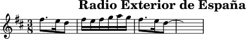 \header{tagline=##f title="Radio Exterior de España"}
% https://www.intervalsignals.net/sounds/spa-z-ree_c1982.mp3
common = {\key d \major \time 3/8}
main = \relative{
\set Staff.midiInstrument = "celesta" \common
fis''8. e16 d8 fis16 e fis g a g fis8. e16 d8~ \hideNotes d4.
}
acco = \relative{
\set Staff.midiInstrument = "acoustic guitar (steel)"
\set Staff.midiMaximumVolume = #0.6 \clef bass \common
<<{fis'16 d a g' d a fis' d a e' d a fis' d a g' r8}\\{d,8. d d d d d}>>
}
\score{\main}
\score{<<\main \new Staff \acco>> \midi{\tempo 8=119}}