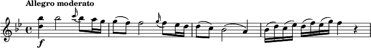 \relative c''' { \set Score.tempoHideNote = ##t \tempo "Allegro moderato" 4 = 120
\key bes \major
<bes d,>4\f bes2 \grace c16( bes8) a16 g | g8( f) f2 \grace g16( f8) es16 d | d8( c) bes2( a4) | bes16(d) c(es) d(f) es(g) f4 r
}