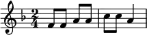 \header{ title = "Österreichischer Rundfunk" }
% https://www.intervalsignals.net/sounds/aut-z-radio_oesterreich_c1953.mp3
\relative{
\key f \major \time 2/4
\set Staff.midiInstrument = "vibraphone"
\set midiMaximumVolume = #1.1
f'8 f a a c c a4
}
\midi { \tempo 4 = 40 }
