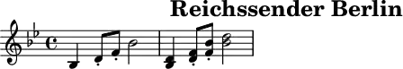 \header{tagline = ##f title="Reichssender Berlin"}
% https://www.intervalsignals.net/sounds/ger-z-reichssender_berlin_1935.mp3
main = \relative{
\set Staff.midiInstrument = "brass section"
\set midiMaximumVolume = #0.9
\key bes \major
bes4 d8-. f-. bes2 <bes, d>4 <d f>8-. <f bes>-. <bes d>2
}
acco = {
\clef bass
\set Staff.midiInstrument = "timpani"
r2 r8 d16 d d4 r2 r8 d16 d d4 s
}
\score{\main}
\score{
<<\main \new Staff \acco>>
\midi {\tempo 4 = 114}
}