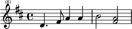 \header{ title = "China National Radio" }
{
% https://www.intervalsignals.net/sounds/chn-cnr2_140311.mp3
\clef "treble^(8)" \key d \major
\set Staff.midiInstrument = "vibraphone"
d''4.\omit\sustainOn fis''8 a''4 4 b''2 <a'' fis''>
}
\midi{\tempo 4 = 114}
