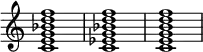 {
\override Score.TimeSignature #'stencil = ##f
\relative c' {
\set Score.tempoHideNote = ##t \tempo 1 = 20
\clef treble
\time 4/4
\key c \major
<c e g bes d f>1 <c es g bes d f> <c e g b d f>
} }