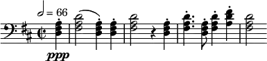 \relative c' { \set Staff.midiInstrument = #"french horn" \clef bass \time 2/2 \key d \major \tempo 2 = 66 \partial 4*1 <a fis d>4-.\ppp | <d a fis>2( <a fis d>4-.) <a fis d>-. | <d a fis>2 r4 <a fis d>4-. | <d a fis>4.-. <a fis d>8-. <d a fis>4-. <fis d a>-. | <d a fis>2 }