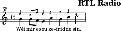 \header{tagline=##f title="RTL Radio"}
% https://www.intervalsignals.net/sounds/lux-z-rtl_german_1440_2015.mp3
main = \relative \voices 2,1<<
{\clef "treble^(8)" g''4 8 f e4 a g b c2}\\
\magnifyMusic 0.6{e4 d8 f e4 r g f e2}
>>
acco = \relative{c4~ <c b''> <c' g'> <f c'> e d <g c,,>2}
\score{
<<
\main
\new Lyrics \lyricsto "2"{Wéi mir e -- sou ze -- frid -- de sin.}
>>
}
\score{<<\main \new Staff \acco>>
\midi{\tempo 4=72 \set Staff.midiInstrument = "music box"}
}