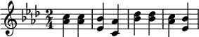 \header{ title = "Radio Berlin International" }
% https://www.intervalsignals.net/sounds/ger-z-rbi_rvd_1975.mp3
\relative{
\set Staff.midiInstrument = "electric piano 1"
\key as \major \time 2/4
<c'' as>4 4 <bes es,> <as c,> <des bes>4 4 <c as> <bes es,>
}
\midi{\tempo 4 = 69}