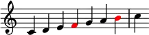 {
\override Score.TimeSignature #'stencil = ##f
\relative c' {
\clef treble \time 7/4
c4 d e \once \override NoteHead.color = #red f g a \once \override NoteHead.color = #red b c
} }