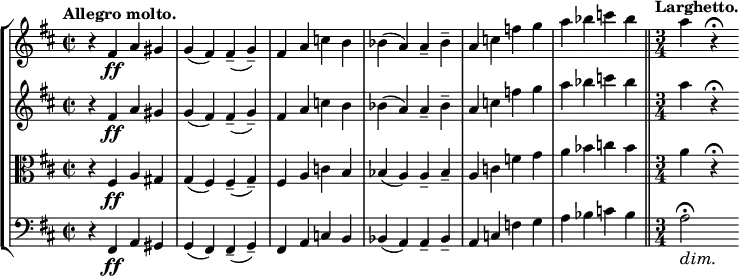 \new StaffGroup <<
\new Staff { \relative c' { \key b \minor \time 2/2 \tempo "Allegro molto."
\set Staff.midiInstrument = "violin"
\set Score.tempoHideNote = ##t \tempo 1 = 100
r4 fis\ff a gis g( fis) fis--( g--) fis a c b bes( a) a-- bes-- a c f g a bes c bes \bar "||"
\tempo "Larghetto." \time 3/4 a
\set Score.tempoHideNote = ##t \tempo 1 = 40
r\fermata } }
\new Staff { \relative c' { \key b \minor \time 2/2
\set Staff.midiInstrument = "violin"
r4 fis\ff a gis g( fis) fis--( g--) fis a c b bes( a) a-- bes-- a c f g a bes c bes \bar "||" \time 3/4 a r\fermata } }
\new Staff { \relative c' { \key b \minor \time 2/2 \clef C
\set Staff.midiInstrument = "violin"
r4 fis,\ff a gis g( fis) fis--( g--) fis a c b bes( a) a-- bes-- a c f g a bes c bes \bar "||" \time 3/4 a r\fermata } }
\new Staff { \relative c { \key b \minor \time 2/2 \clef bass
\set Staff.midiInstrument = "cello"
r4 fis, \ff a gis g( fis) fis--( g--) fis a c b bes( a) a-- bes-- a c f g a bes c bes \bar "||" \time 3/4 << a2\fermata { s4\dim s4\! } >> } }
>>