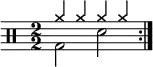 \new Staff <<
\new voice \relative c' {
\clef percussion
\numericTimeSignature
\time 2/2
\set Score.tempoHideNote = ##t \tempo 2 = 100
\stemDown \repeat volta 2 { g2 d' }
}
\new voice \relative c'' {
\override NoteHead.style = #'cross
\stemUp \repeat volta 2 { a4 a a a }
}
>>