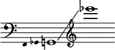 {
\new Staff \with { \omit Score.TimeSignature }
\key c \major \cadenzaOn
\clef bass \omit Stem \grace { f,4 ges, }
g,1 \glissando \clef treble ees'''
}