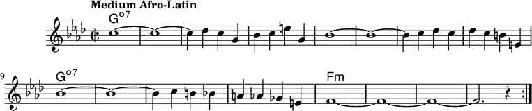 \version "2.22.0"
\header { tagline = "" }
global = {
\time 2/2
\key f \minor
\set Score.tempoHideNote = ##t
\tempo "Medium Afro-Latin" 4=143
\set chordChanges = ##t
}
chordNames = \transpose c c, \chordmode {
\global
\repeat volta 2 {
\repeat unfold 12 { g1:dim7 | }
\repeat unfold 4 { f1:min | }
}
}
melody = \relative c'' {
\repeat volta 2 {
c1~ |
c1~ |
c4 des c g |
bes c e g, |
bes1~ |
bes1~ |
bes4 c des c |
des c b e, |
bes'1~ |
bes1~ |
bes4 c b bes |
a as ges e |
f1~ |
f1~ |
f1~ |
f2. r4 |
}
}
\score {
<<
\new ChordNames \chordNames
\new Staff {
\global
\melody
}
>>
\layout { }
}
\score {
\unfoldRepeats
<<
\new ChordNames \chordNames
\new Staff {
\global
\melody
}
>>
\midi { }
}