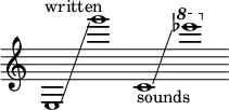 {
\new Staff \with { \omit Score.TimeSignature }
\clef treble \key c \major \cadenzaOn
e1 ^ "written" \glissando s g''' s c' _ "sounds" \glissando s \ottava #1 es''''
}