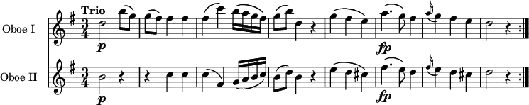 \layout { indent = 2.0\cm \set Score.tempoHideNote = ##t }
<<
\new Staff \with { instrumentName = "Oboe I" }
\relative c'' { \set Staff.midiInstrument = "oboe"
\key g \major
\tempo "Trio" 4 = 112
\time 3/4
d2 \p b'8 (g)
g (fis) fis4 fis
fis (c') b16 (a g fis)
g8 (b) d,4 r4
g (fis e)
a4.\fp (g8) fis4
\grace a16 (g4) fis e
d2 r4 \bar ":|."
}
\new Staff \with { instrumentName = "Oboe II"}
\relative c'' { \set Staff.midiInstrument = "oboe"
\key g \major
\time 3/4
b2\p r4
r4 c c
c (fis,) g16 (a b c)
b8 (d) b4 r4
e4 (d cis)
fis4.\fp (e8) d4
\grace fis16 (e4) d cis
d2 r4 \bar ":|."
}
>>