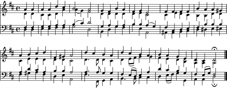 << <<
\new Staff { \clef treble \time 4/4 \partial 2 \key d \major \set Staff.midiInstrument = "church organ" \set Score.tempoHideNote = ##t \override Score.BarNumber #'transparent = ##t
\relative c''
<< { a4 a | a a d cis | b2 a | g4 fis b a | fis g e2 |
fis4 fis fis fis | b a a gis | a b cis d | fis, gis a2 |
d4 cis b a | d cis b a | b a g e | d cis d2\fermata\bar"|." } \\
{ d4 d | cis cis d a' | a( g) fis2 | d4 d d d | d e cis2 |
cis4 e d cis | b b d d | cis e e d | d d cis2 |
d4. d8 d4 cis | d e8( fis) g4 g | fis e d b | a a a2 } >>
}
\new Lyrics \lyricmode {
}
\new Staff { \clef bass \key d \major \set Staff.midiInstrument = "church organ"
\relative c
<< { fis4 fis | g g a a | b( cis) d2 | g,4 a g a | b b a( g) |
fis cis d e | fis b b b | a d cis a | b b a2 |
a4. a8 g4 g | fis e8( d) e4 a | d cis b g | fis e8( g) fis2 } \\
{ d4 d | e e fis fis | g2 d | b4 d g fis | b e, a,2 |
ais4 ais b cis | d dis e eis | fis gis a fis | d e a,2 |
fis'4. fis,8 g4 a | b4. b8 cis4 cis | d e8( fis) g4 g, | a a d2\fermata } >>
}
>> >>
\layout { indent = #0 }
\midi { \tempo 4 = 100 }