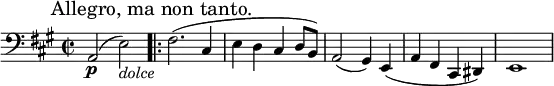 \relative c
{
\set Staff.midiInstrument = #"cello"
\key a
\major
\time 2/2
\clef bass
a2\p ( e'2)_\markup { \italic "dolce" } \mark "Allegro, ma non tanto."
\set Score.repeatCommands = #'(start-repeat)
fis2.(
cis4 e d cis d8 b)
a2( gis4) e(
a fis cis dis)
e1(
}