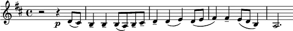 \relative c' {\key b \minor r2 r4\p d8( cis) b4_- b_- b8( a) b_- cis_- d4_- d( e) d8( e fis4) fis_- e8( d b4) a2.}