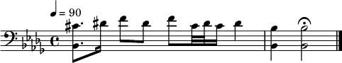 \relative {
\key bes \minor
\time 4/4
\clef bass
\tempo 4=90
\set Staff.midiInstrument = "guitar"
<bes, cis'>8. dis'16 f8 dis8 f8 cis32 dis32 cis16 dis4 | <bes, bes'>4 <bes bes'>2\fermata \bar "|."}