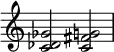 {
\override Score.TimeSignature #'stencil = ##f
\relative c' {
\clef treble \time 4/4
<c des ges>2 <c fis g!>
} }