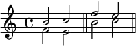 \new Staff <<
\new Voice \relative c' {
\clef treble \key c \major \time 4/4
\stemUp b'2 c f e
}
\new Voice \relative c' {
\clef treble \key c \major \time 4/4
\stemDown f2 e \bar "||" b' c \bar "||"
}
>>