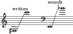 {
\new Staff \with { \remove "Time_signature_engraver" }
\clef treble \key c \major ^ \markup "written" \cadenzaOn
fis1 \glissando c'''1 \hide r4
\clef bass ^ \markup "sounds" e,1 \glissando bes'1
}
