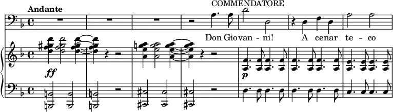 {
<<
\new Staff <<
\tempo Andante
\relative c' {
\set Score.tempoHideNote = ##t \tempo 4 = 86
\set Staff.midiInstrument = #"trombone"
\clef F \key d \minor
R1 R1 R1 r2 a4.^"COMMENDATORE" a8 d2 d, r4 d f d a'2 a
}
\addlyrics { Don Gio -- van -- ni! A ce -- nar te -- co }
>>
\new PianoStaff <<
\new Staff <<
\set Staff.midiInstrument = #"string ensemble 1"
\key d \minor
\relative c'' {
\override DynamicLineSpanner.staff-padding = #3
<d f gis d'>4\ff <d f gis d'>2 <d f gis d'>4~ <d f gis d'>4 r4 r2 <a e' g! a>4 <a e' g a>2 <a e' g a>4~ <a e' g a>4 r4 r2 <a, f'>4.\p <a f'>8 <a f'>4. <a f'>8 <a f'>4. <a f'>8 <a f'>4. <a f'>8 <a e'>4. <a e'>8 <a e'>4. <a e'>8
}
>>
\new Staff <<
\clef F \key d \minor
\relative c, {
<b b'>2 <b b'> <b b'> r <cis cis'> <cis cis'> <cis cis'> r d'4. d8 d4. d8 d4. d8 d4. d8 c4. c8 c4. c8
}
>>
>> >> }